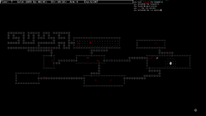 A map screen from ROGUE-FP with ASCII graphics turned on.